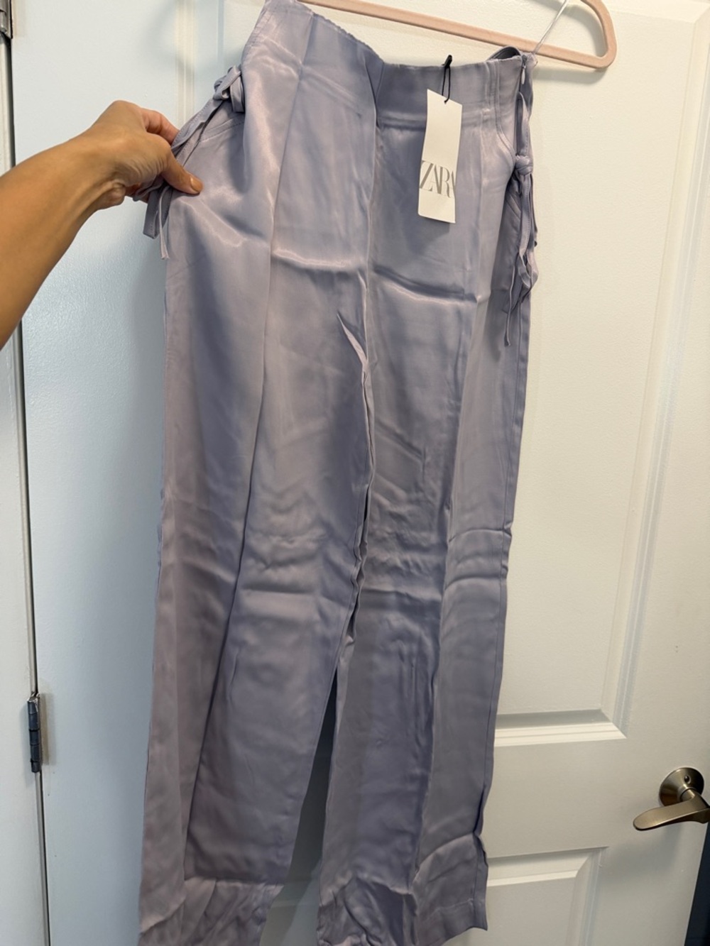 ZARA Lilac Satin Tie-Waist Wide-Leg Pants